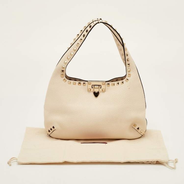 Pre Owned Valentino Rockstud Small Cream Leather Flip Lock Hobo