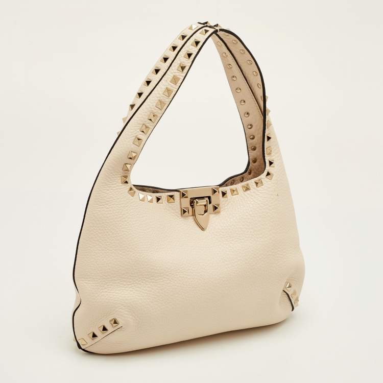 Pre Owned Valentino Rockstud Small Cream Leather Flip Lock Hobo