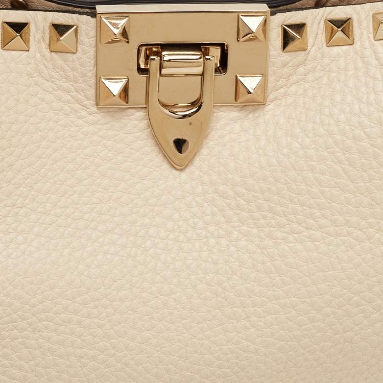Pre Owned Valentino Rockstud Small Cream Leather Flip Lock Hobo