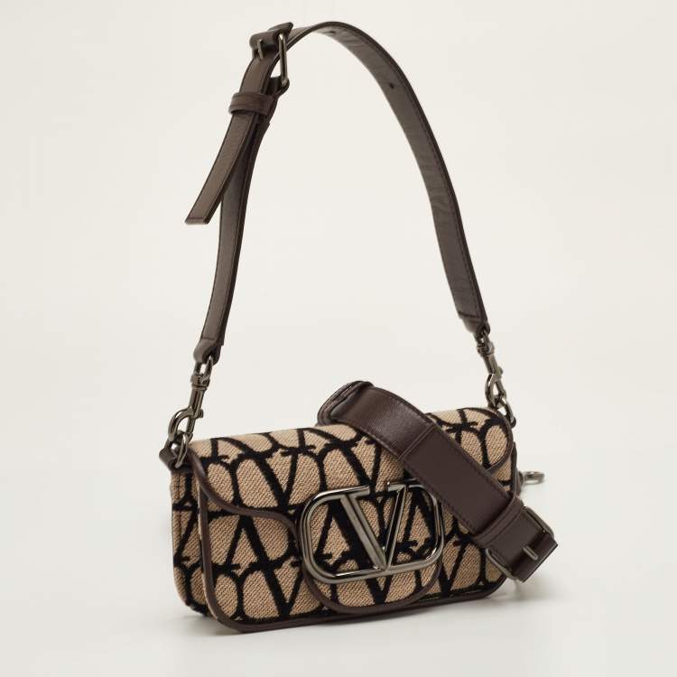 Pre Owned Valentino Vlogo Toile Iconographe Beige/Brown Canvas and Leather Plaque Shoulder Bag