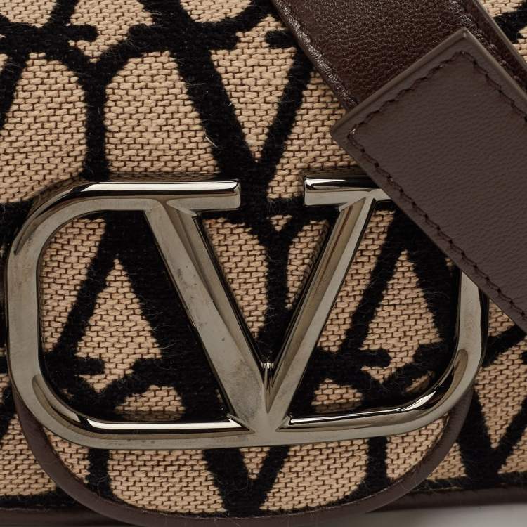 Pre Owned Valentino Vlogo Toile Iconographe Beige/Brown Canvas and Leather Plaque Shoulder Bag