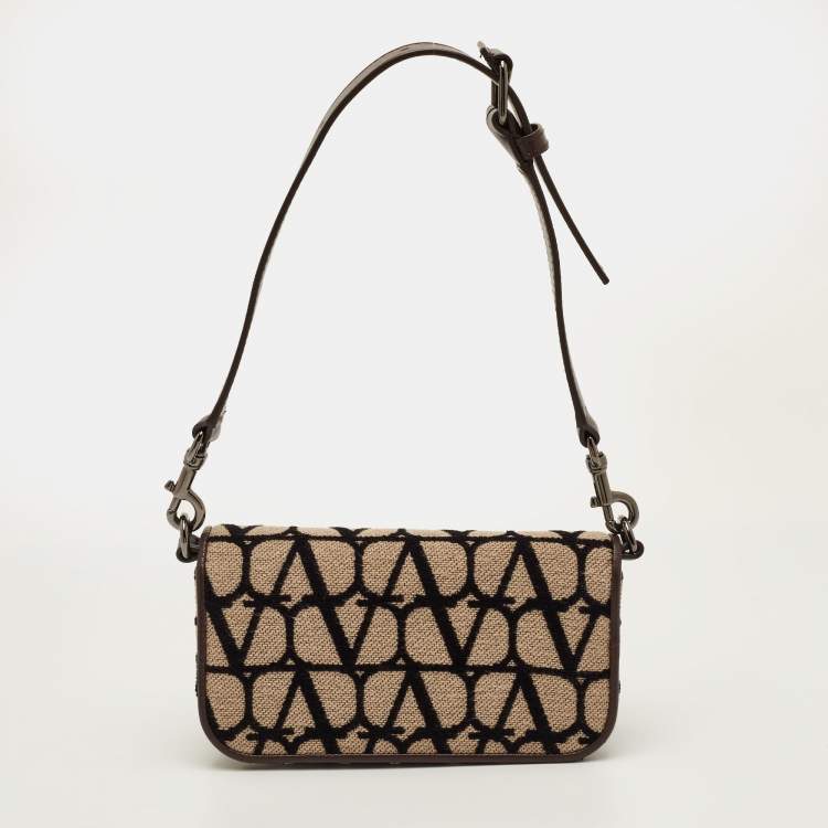 Pre Owned Valentino Vlogo Toile Iconographe Beige/Brown Canvas and Leather Plaque Shoulder Bag