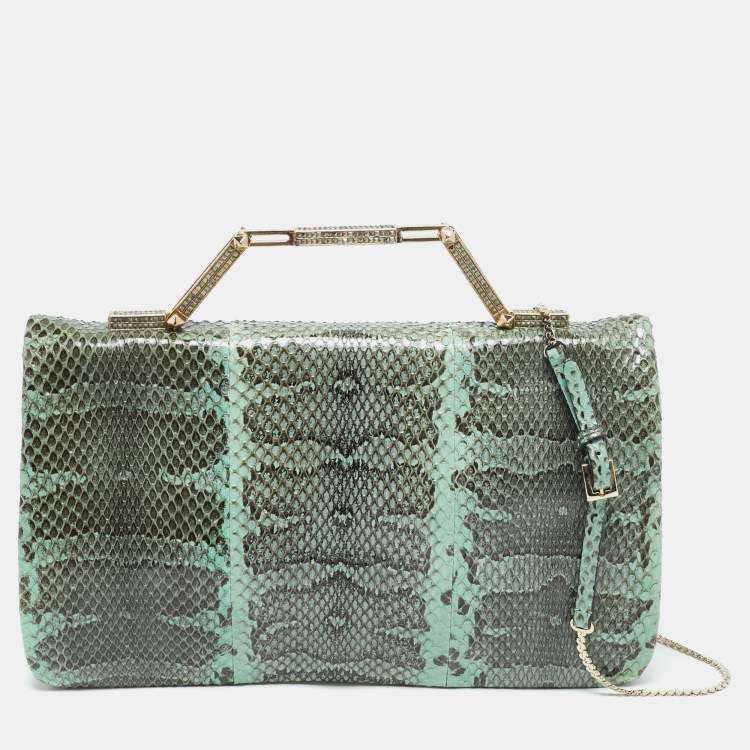 Pre Owned Valentino Green Snake Leather Chain Flap Clutch