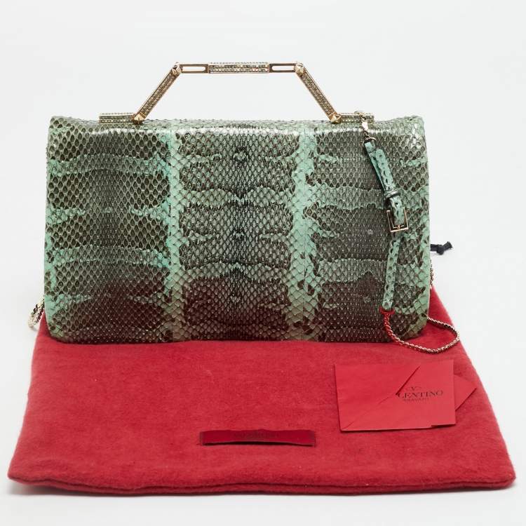 Pre Owned Valentino Green Snake Leather Chain Flap Clutch