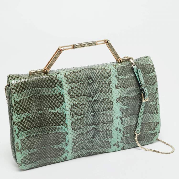 Pre Owned Valentino Green Snake Leather Chain Flap Clutch