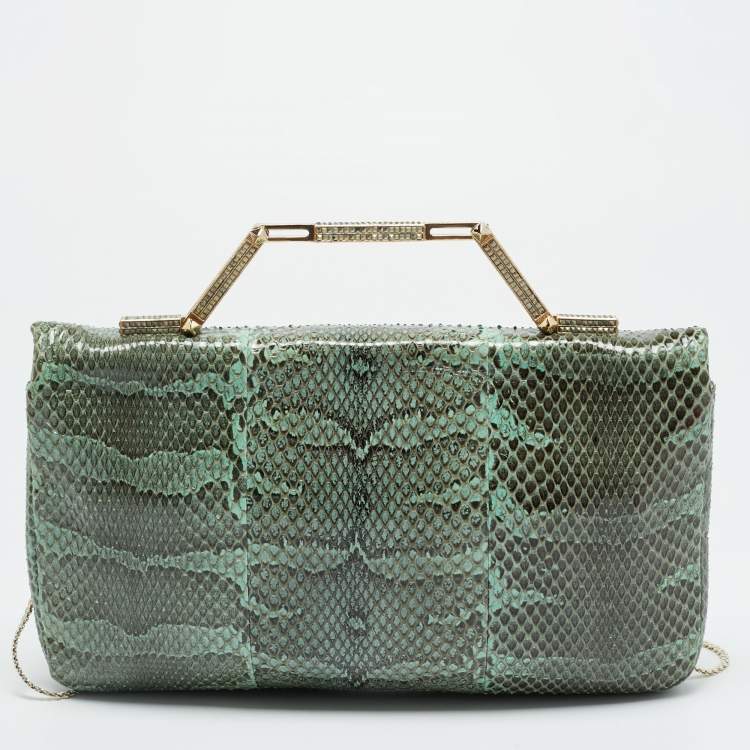 Pre Owned Valentino Green Snake Leather Chain Flap Clutch