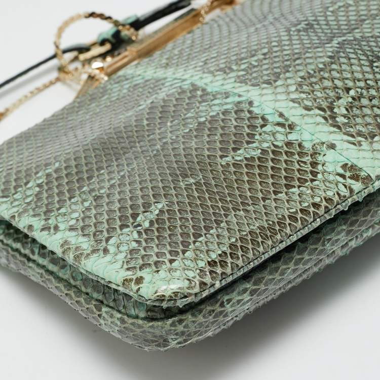 Pre Owned Valentino Green Snake Leather Chain Flap Clutch
