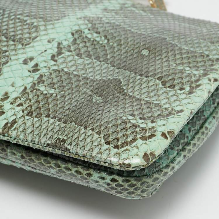 Pre Owned Valentino Green Snake Leather Chain Flap Clutch