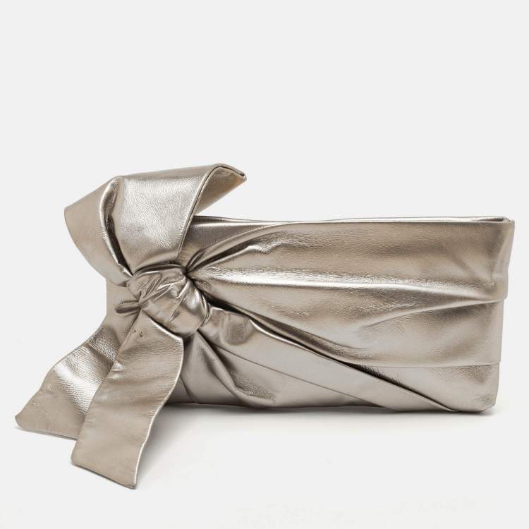 Pre Owned Valentino Metallic Leather Bow Pouch Clutch