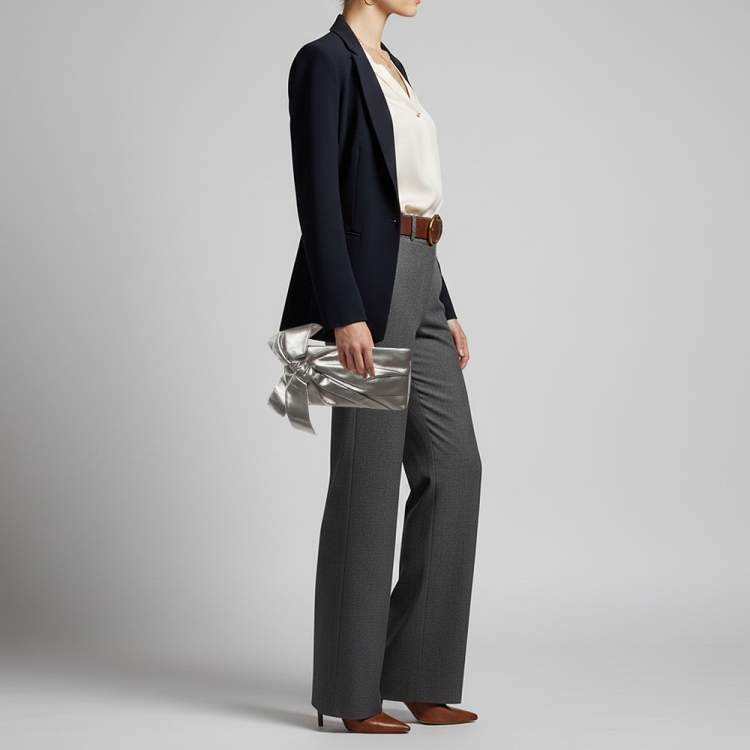 Pre Owned Valentino Metallic Leather Bow Pouch Clutch