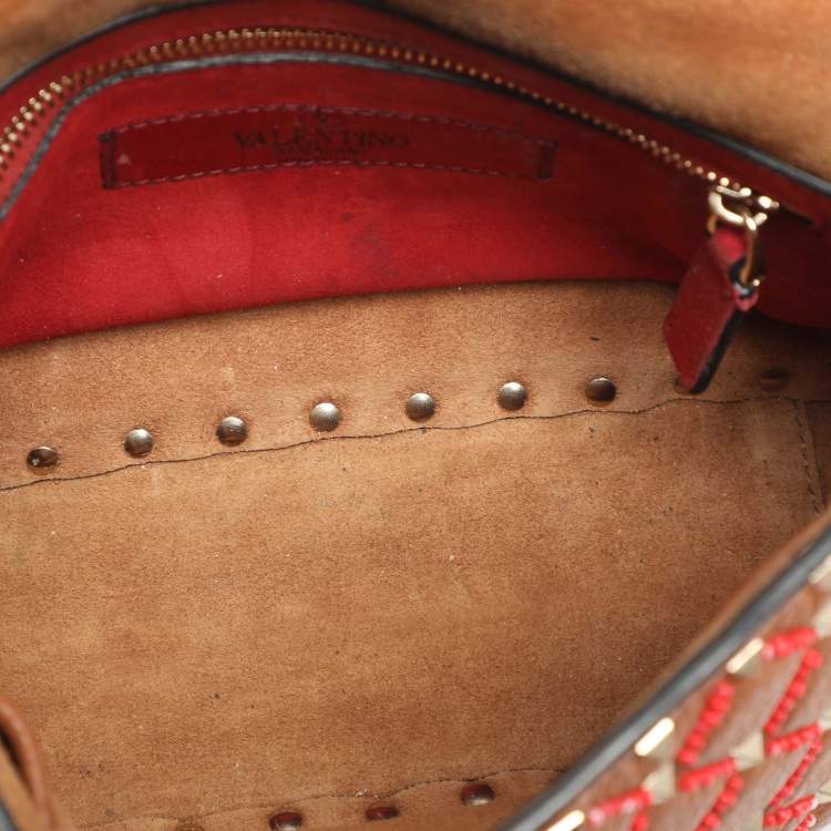 Pre Owned Valentino Rockstud Spike Medium Brown Leather Top Handle Bag