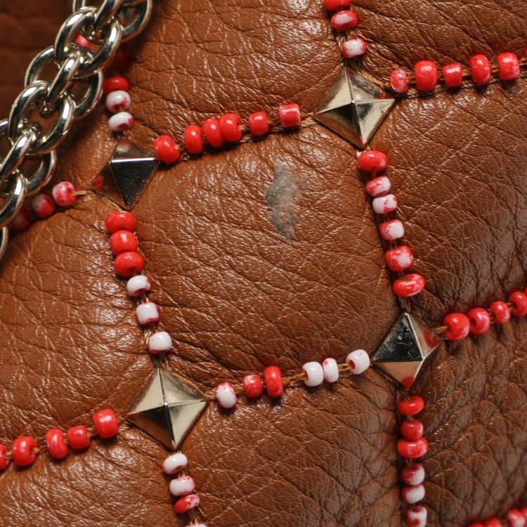 Pre Owned Valentino Rockstud Spike Medium Brown Leather Top Handle Bag