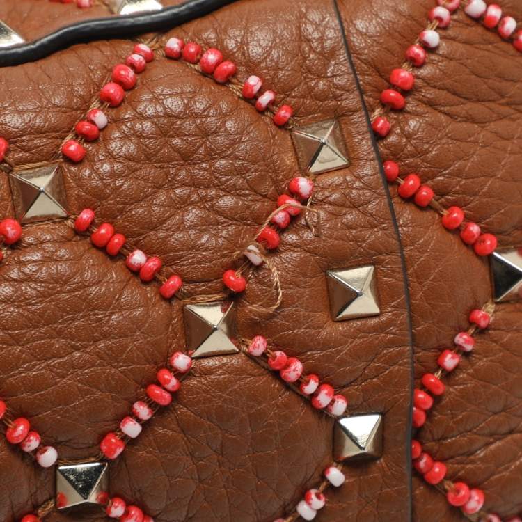 Pre Owned Valentino Rockstud Spike Medium Brown Leather Top Handle Bag