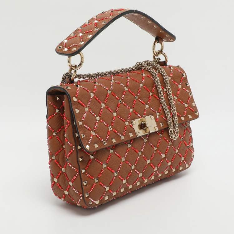 Pre Owned Valentino Rockstud Spike Medium Brown Leather Top Handle Bag