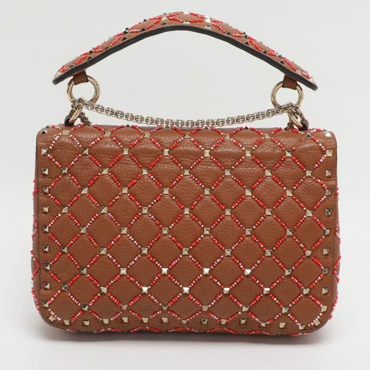 Pre Owned Valentino Rockstud Spike Medium Brown Leather Top Handle Bag