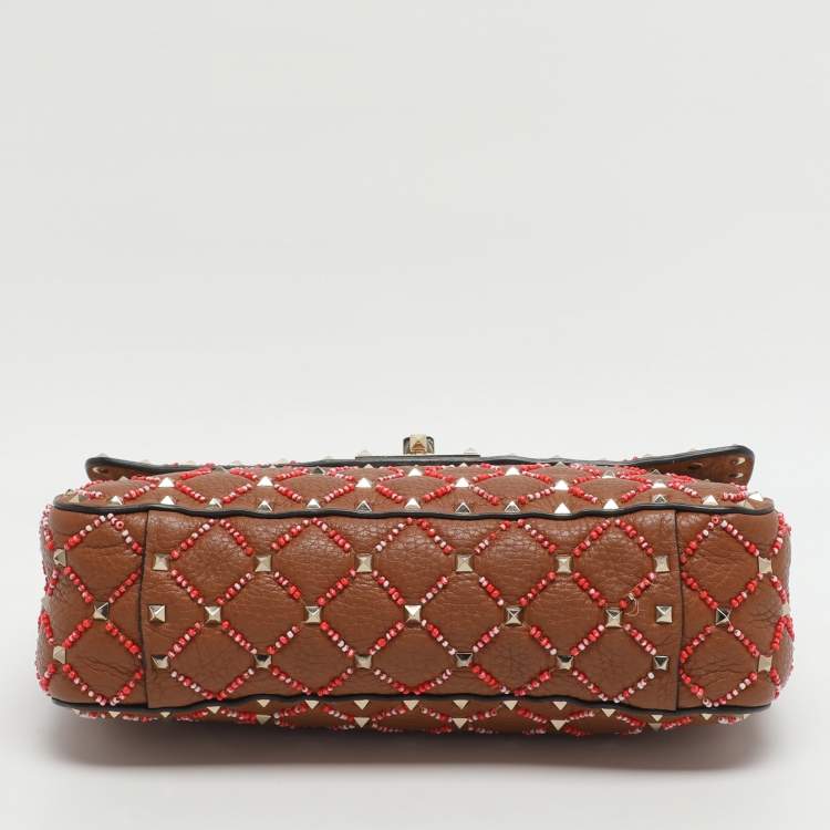 Pre Owned Valentino Rockstud Spike Medium Brown Leather Top Handle Bag