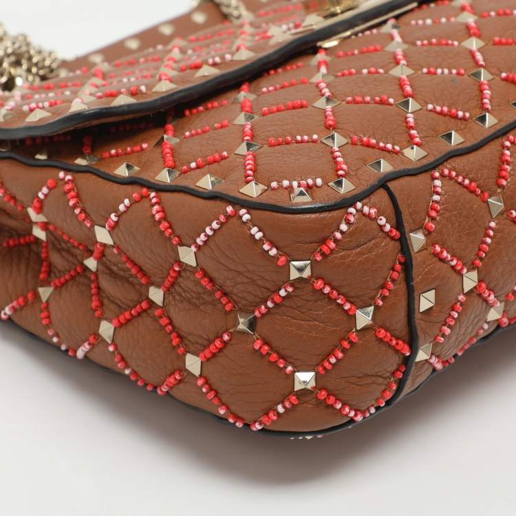 Pre Owned Valentino Rockstud Spike Medium Brown Leather Top Handle Bag