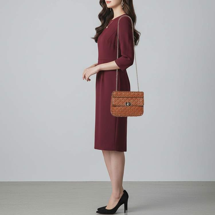 Pre Owned Valentino Rockstud Spike Medium Brown Leather Top Handle Bag