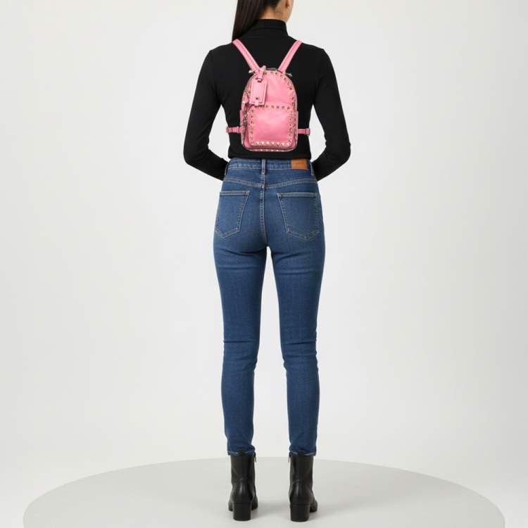 Pre Owned Valentino Rockstud Mini Pink Leather Backpack