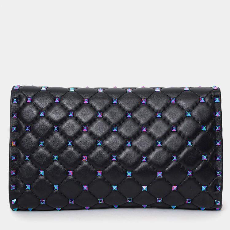 Pre Owned Valentino Black Lambskin Oil Slick Rockstud Spike Wallet on Chain
