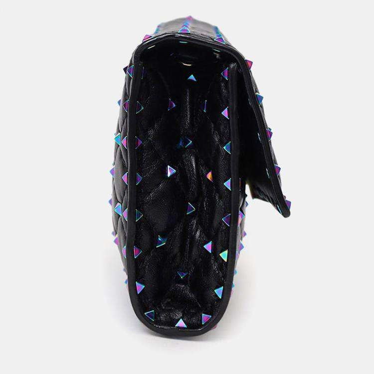 Pre Owned Valentino Black Lambskin Oil Slick Rockstud Spike Wallet on Chain