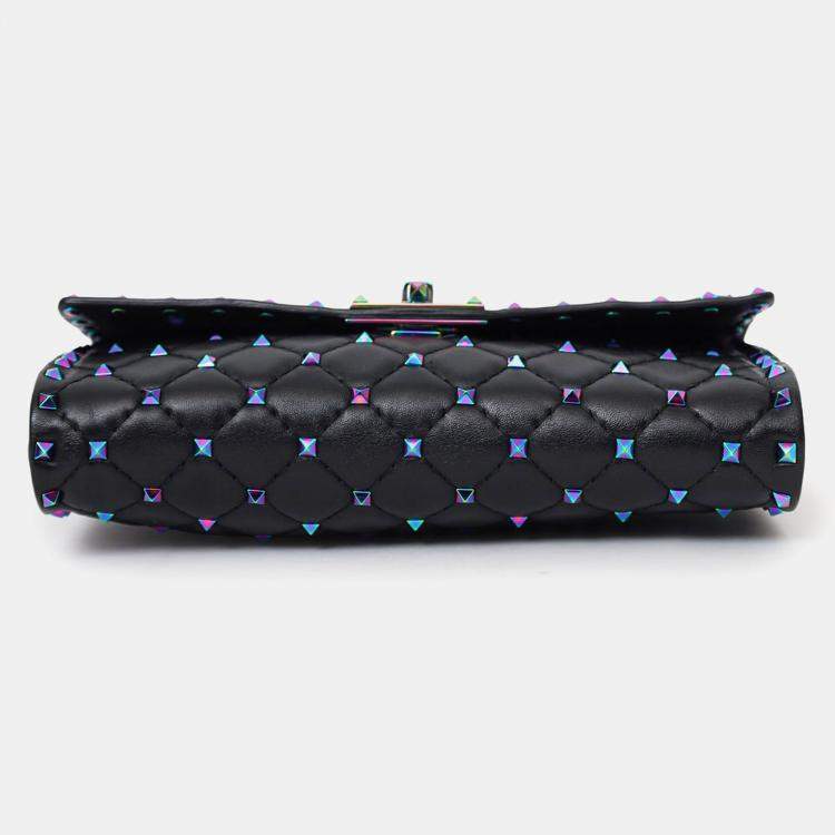Pre Owned Valentino Black Lambskin Oil Slick Rockstud Spike Wallet on Chain