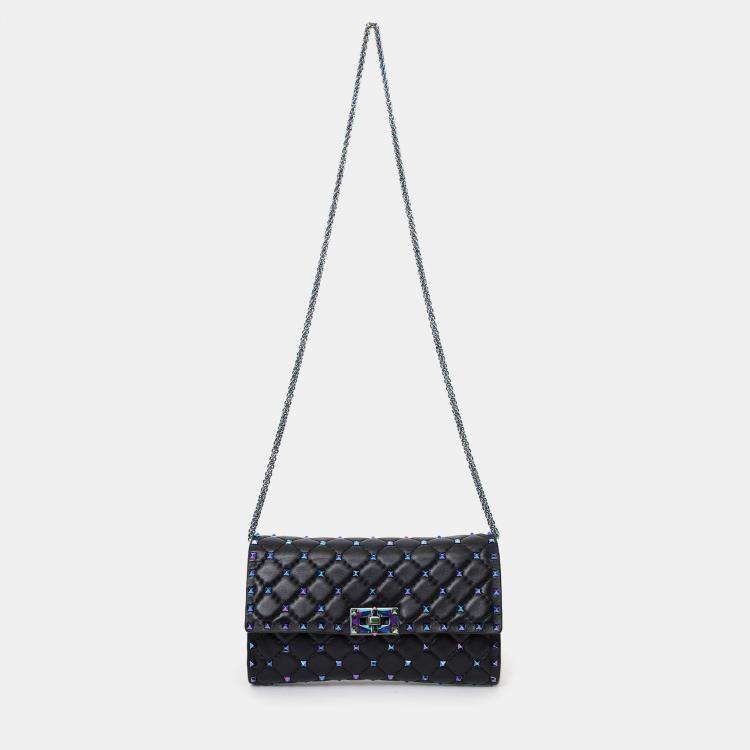 Pre Owned Valentino Black Lambskin Oil Slick Rockstud Spike Wallet on Chain