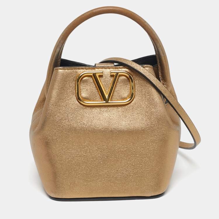 Pre Owned Valentino VLogo Mini Gold Leather Bucket Bag