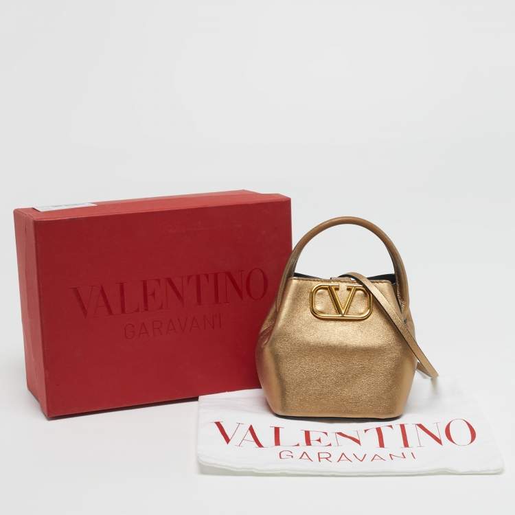 Pre Owned Valentino VLogo Mini Gold Leather Bucket Bag
