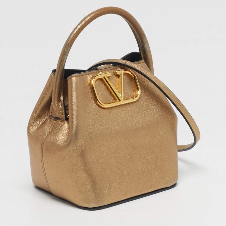 Pre Owned Valentino VLogo Mini Gold Leather Bucket Bag