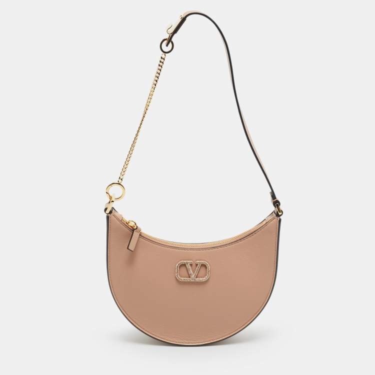 Pre Owned Valentino VLogo Crystal Mini Beige Leather Hobo