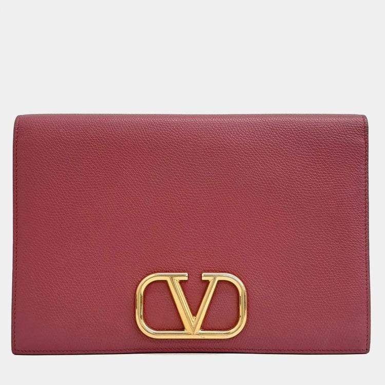 Pre Owned Valentino Red Leather V-ring clutch