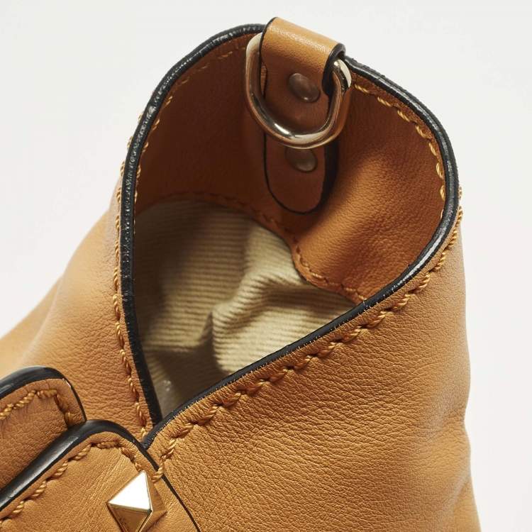 Pre Owned Valentino Rockstud Trapeze Medium Mustard Leather Tote