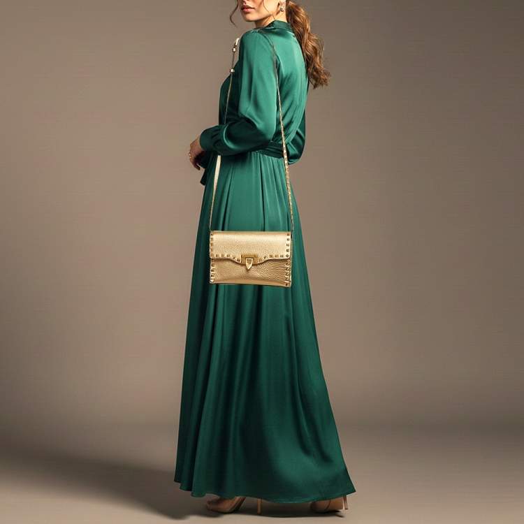 Pre Owned Valentino Rockstud Small Gold Leather Crossbody Bag