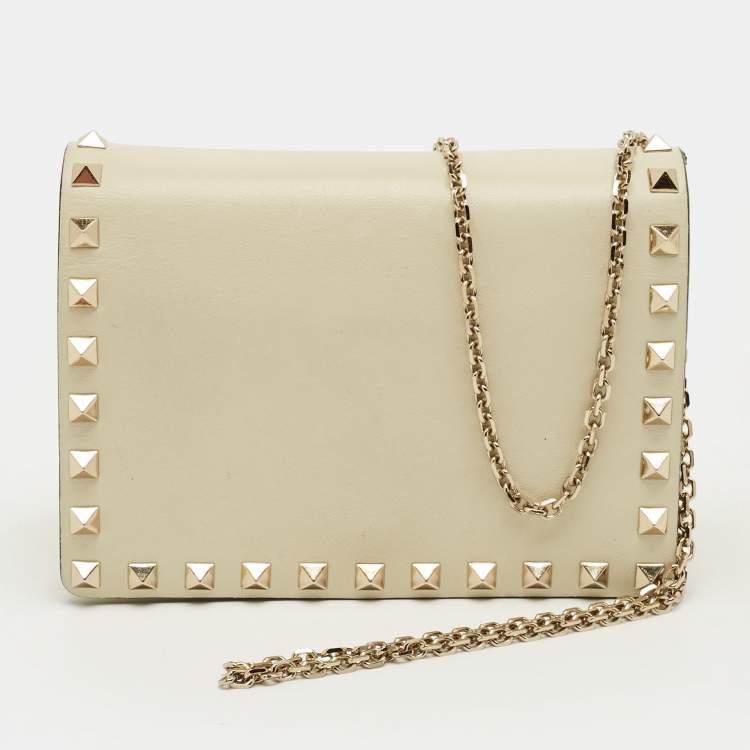 Pre Owned Valentino Rockstud Mini Off White Leather Flap Chain Crossbody Bag
