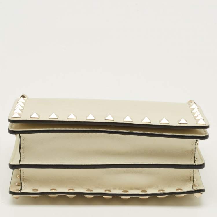 Pre Owned Valentino Rockstud Mini Off White Leather Flap Chain Crossbody Bag