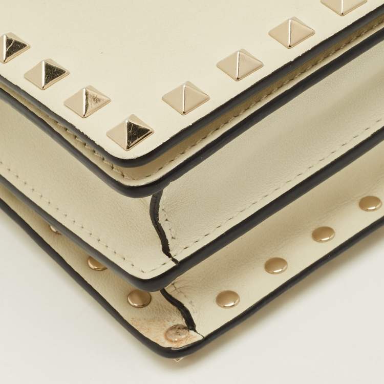 Pre Owned Valentino Rockstud Mini Off White Leather Flap Chain Crossbody Bag