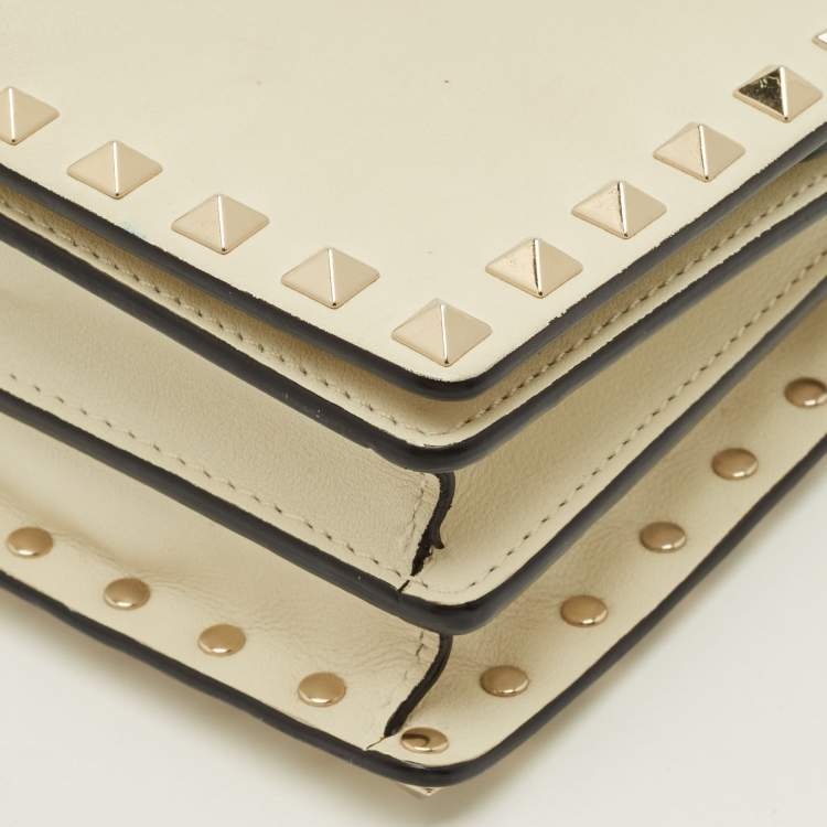 Pre Owned Valentino Rockstud Mini Off White Leather Flap Chain Crossbody Bag