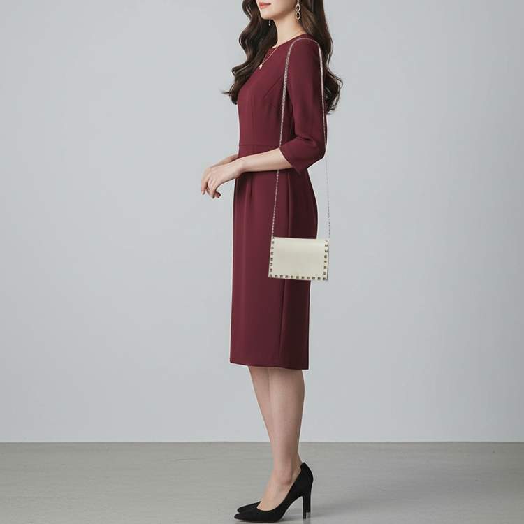 Pre Owned Valentino Rockstud Mini Off White Leather Flap Chain Crossbody Bag