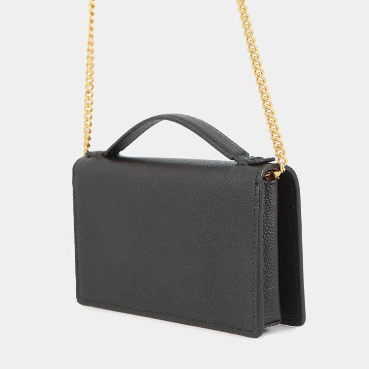 Pre Owned Valentino Garavani V Logo Signature Chain Wallet Black Calf Leather