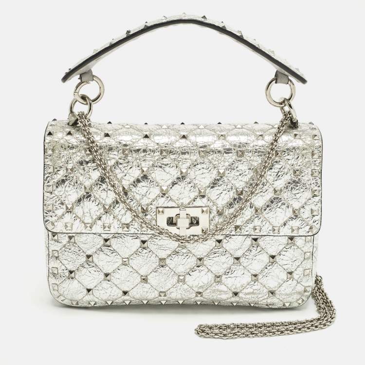 Pre Owned Valentino Rockstud Spike Medium Silver Quilted Leather Shoulder Bag