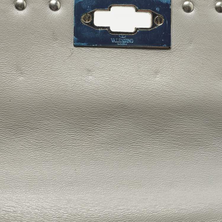 Pre Owned Valentino Rockstud Spike Medium Silver Quilted Leather Shoulder Bag