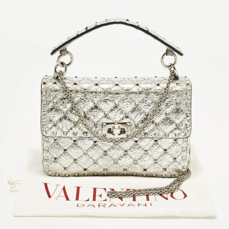 Pre Owned Valentino Rockstud Spike Medium Silver Quilted Leather Shoulder Bag