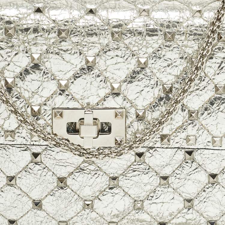 Pre Owned Valentino Rockstud Spike Medium Silver Quilted Leather Shoulder Bag
