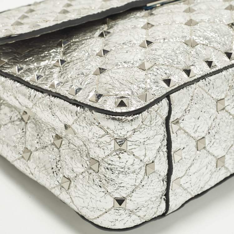 Pre Owned Valentino Rockstud Spike Medium Silver Quilted Leather Shoulder Bag