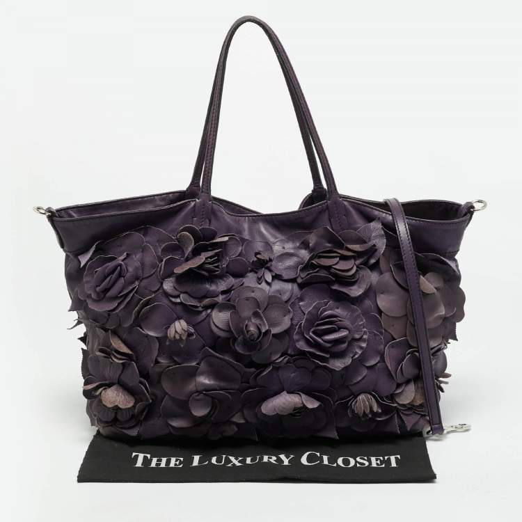 Pre Owned Valentino Rose Applique Purple Leather Shopper Tote