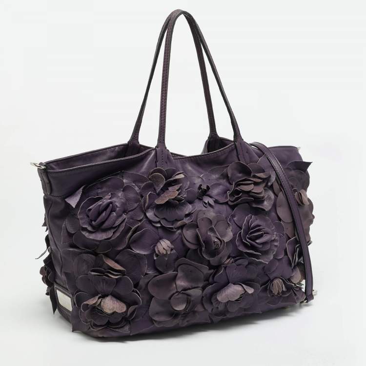 Pre Owned Valentino Rose Applique Purple Leather Shopper Tote