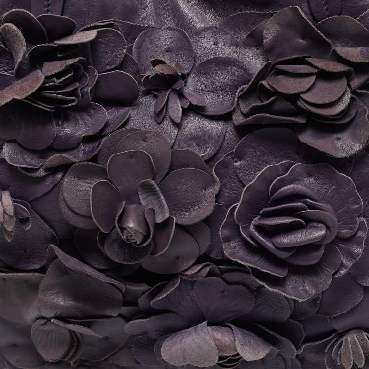 Pre Owned Valentino Rose Applique Purple Leather Shopper Tote