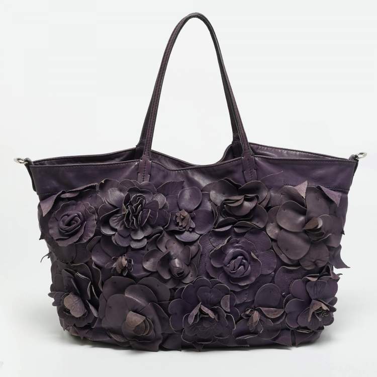 Pre Owned Valentino Rose Applique Purple Leather Shopper Tote