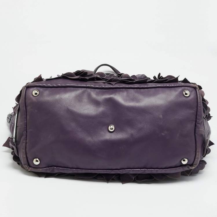 Pre Owned Valentino Rose Applique Purple Leather Shopper Tote
